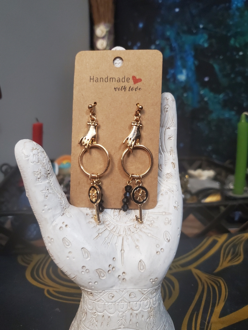 Handmade Hypoallergenic Gold Hand and Black Key Earrings